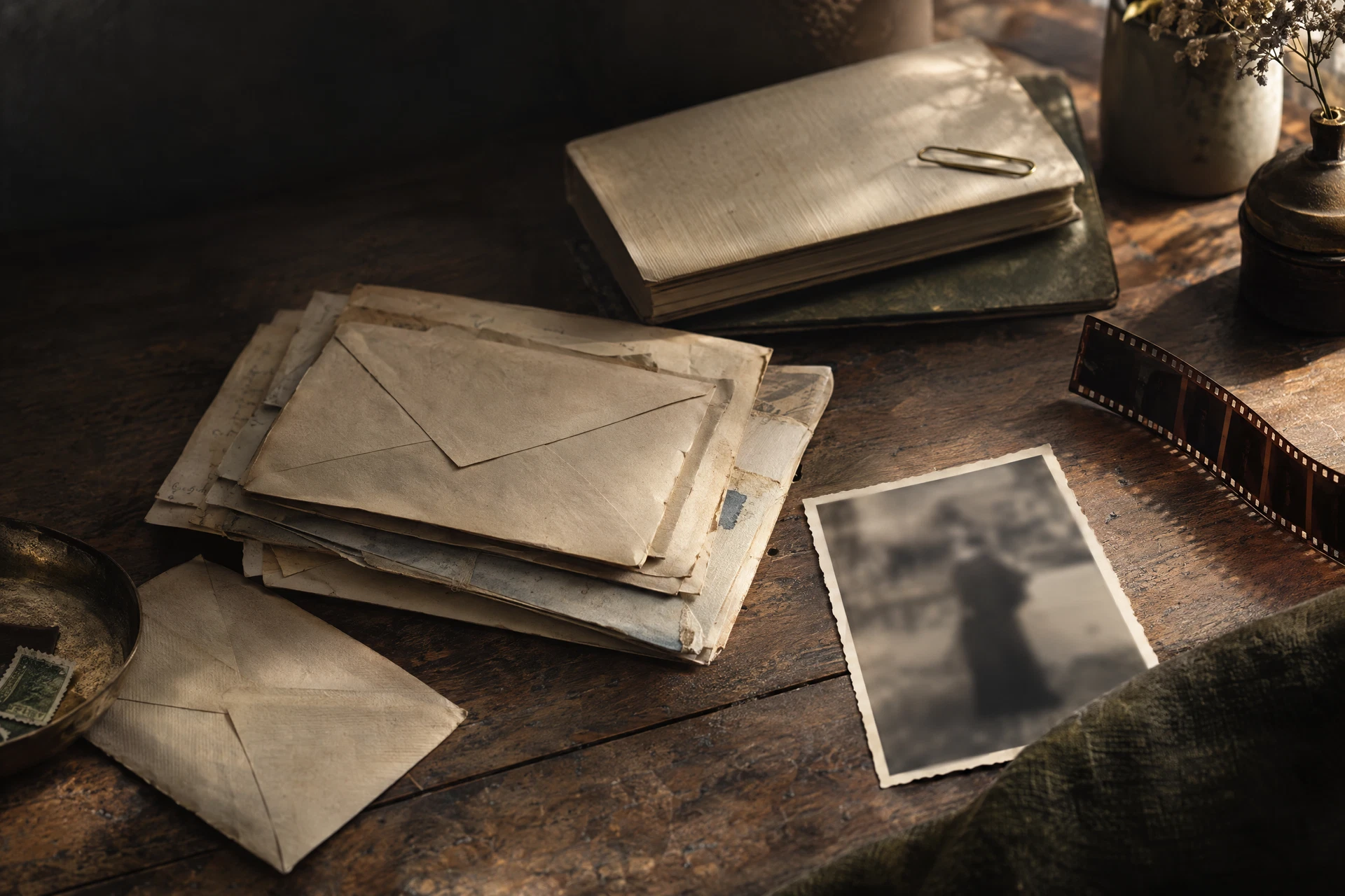 An editorial still life of letters, a notebook and film on an archival worktable; illustrative image, not a family artifact